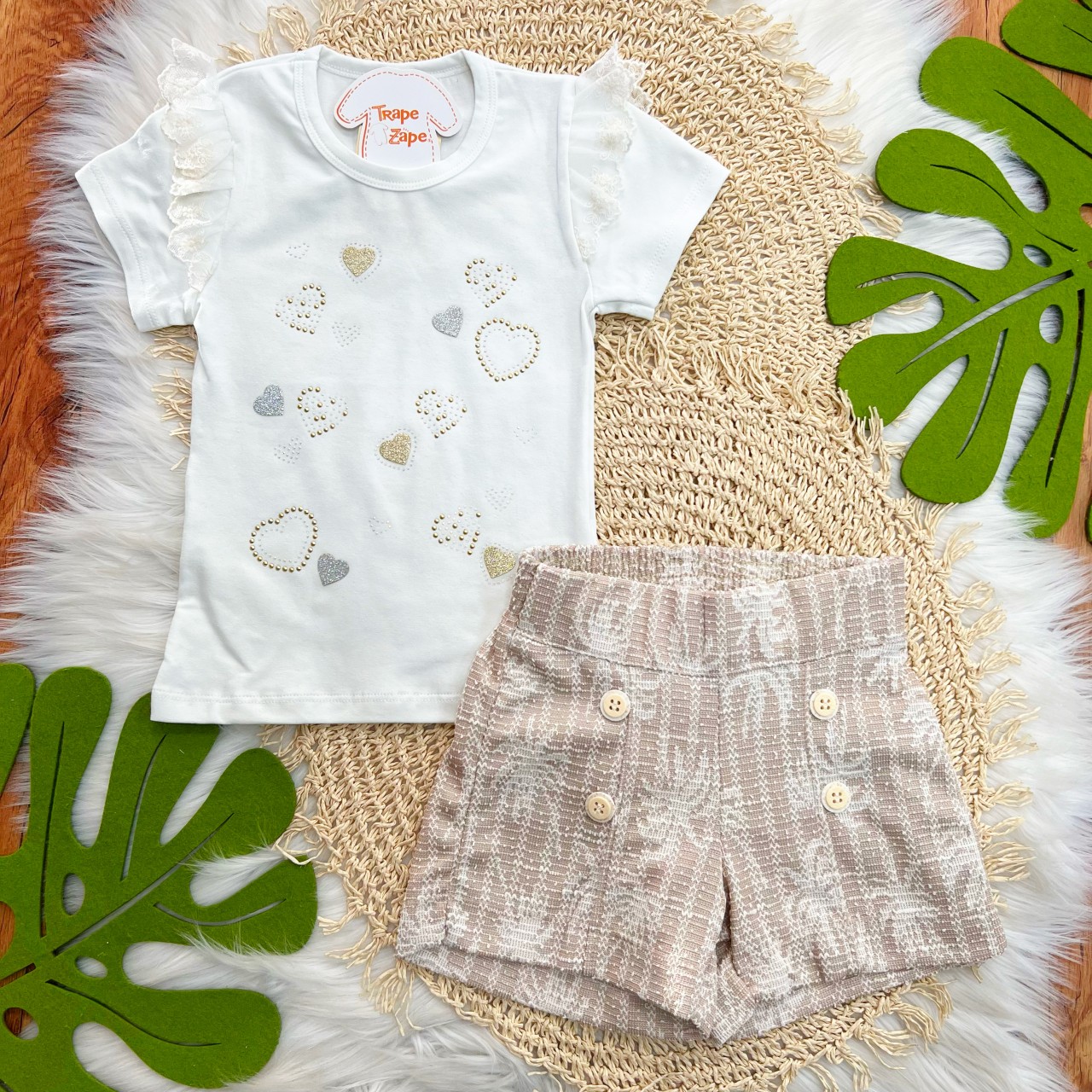 Conj. Blusas Corações e Short com Botões - Off White e Areia